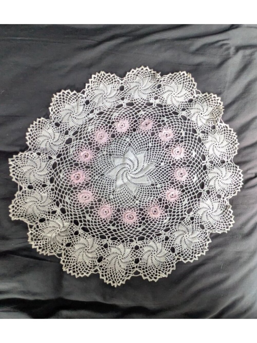 Large Handmade Crochet Doily Round White and Pink Cotton Thread Vintage 23"